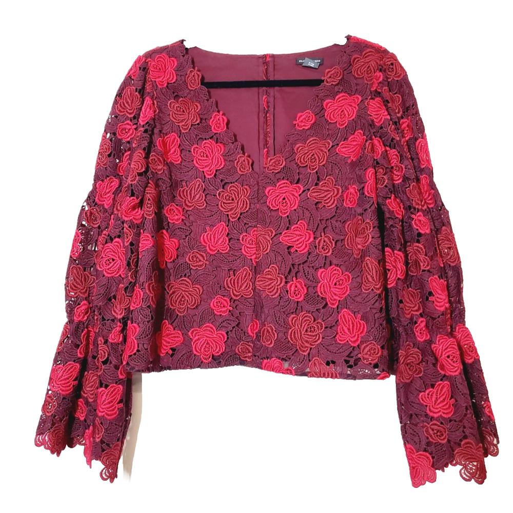 Club Monaco Womens Large Top Lace Crochet Floral Bell Flare‎ Sleeve Red